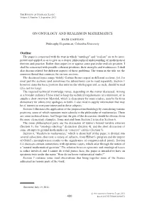 ON ONTOLOGY and REALISM in MATHEMATICS HAIM GAIFMAN Philosophy Department, Columbia University