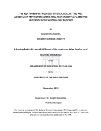 The Relationship Between Self-Efficacy, Goal-Setting and Achievement Motivation Among Final Year Students at a Selected University in the Western