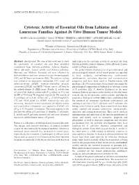 Cytotoxic Activity of Essential Oils from Labiatae and Lauraceae Families Against in Vitro Human Tumor Models
