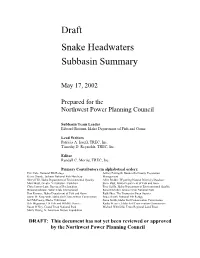 Draft Snake Headwaters Subbasin Summary