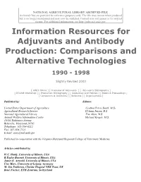 Information Resources for Adjuvants and Antibody Production: Comparisons and Alternative Technologies 1990 - 1998