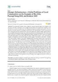 Olympic Infrastructure—Global Problems of Local Communities on the Example of Rio 2016, Pyeongchang 2018, and Krakow 2023