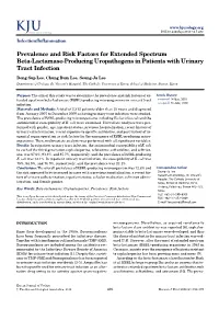 Prevalence and Risk Factors for Extended Spectrum Beta-Lactamase-Producing Uropathogens in Patients with Urinary Tract Infection