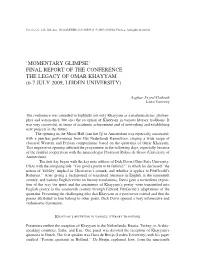'Momentary Glimpse' Final Report of the Conference