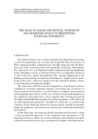 The Role of Macro-Prudential Oversight and Monetary Policy in Preventing Financial Instability