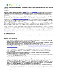 U.S. FDA Grants Priority Review for the Biologics License Application for Pfizer-Biontech COVID-19 Vaccine