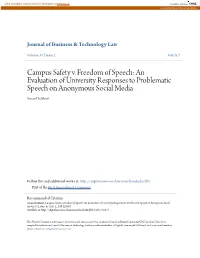 Campus Safety V. Freedom of Speech: an Evaluation of University Responses to Problematic Speech on Anonymous Social Media Susan Dumont
