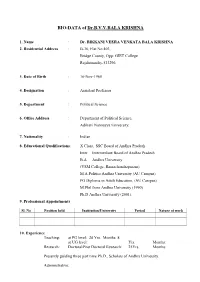 BIO-DATA of Dr.B.V.V.BALA KRISHNA