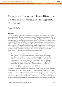 Steve Biko, the Politics of Self-Writing and the Apparatus of Reading