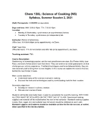 Chem 130L: Science of Cooking (NS) Syllabus, Summer Session 2, 2021