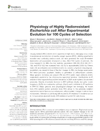Physiology of Highly Radioresistant Escherichia Coli After Experimental Evolution for 100 Cycles of Selection