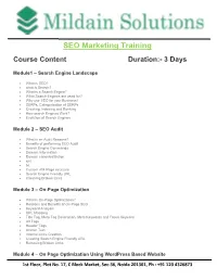 SEO Marketing Training Course Content Duration:- 3 Days