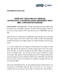 Keretapi Tanah Melayu Berhad Enters Into a Shareholders Agreement with Mmc Corporation Berhad