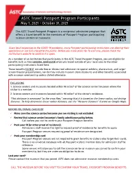 ASTC Travel Passport Program Participants May 1, 2021 - October 31, 2021