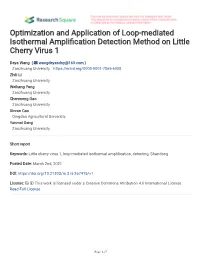 Optimization and Application of Loop-Mediated Isothermal Amplifcation Detection Method on Little Cherry Virus 1