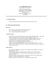 C. LAWRENCE EVANS I. Current Position II. Professional Background