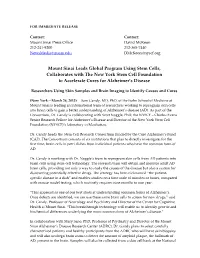 Mount Sinai Leads Global Program Using Stem Cells, Collaborates with the New York Stem Cell Foundation to Accelerate Cures for Alzheimer’S Disease