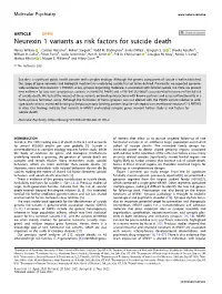 Neurexin 1 Variants As Risk Factors for Suicide Death