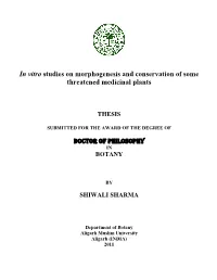 In Vitro Studies on Morphogenesis and Conservation of Some Threatened Medicinal Plants