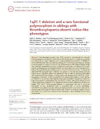 1Q21.1 Deletion and a Rare Functional Polymorphism in Siblings with Thrombocytopenia-Absent Radius–Like Phenotypes