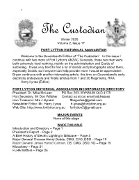 Winter 2020 Volume 2, Issue 17 FORT LYTTON HISTORICAL ASSOCIATION Welcome to the Seventeenth Edition of “The Custodian”. In