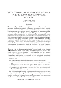 BRUNO : Immanence and Transcendence in De La Causa, Principio Et Uno, Dialogue Ii Dilwyn Knox
