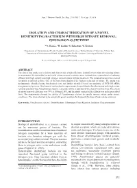 Isolation and Characterization of a Novel Denitrifying Bacterium with High Nitrate Removal: Pseudomonas Stutzeri