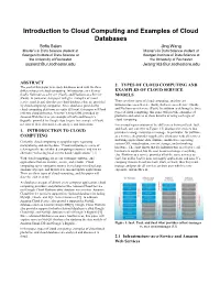 Introduction to Cloud Computing and Examples of Cloud Databases