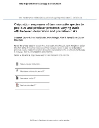 Oviposition Responses of Two Mosquito Species to Pool Size and Predator Presence: Varying Trade- Offs Between Desiccation and Predation Risks