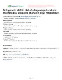 Ontogenetic Shift in Diet of a Large Elapid Snake Is Facilitated by Allometric Change in Skull Morphology