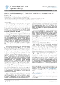 Computational Modeling of Lysine Post-Translational Modification: an Overview Md