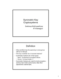 Symmetric Key Cryptosystems Definition