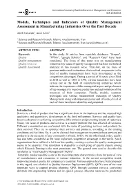 Models, Techniques and Indicators of Quality Management Assessment in Manufacturing Industries Over the Past Decade