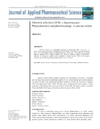Alstonia Scholaris R.Br. (Apocynaceae): Received: 07-08-2011 Revised On: 11-08-2011 Accepted: 12-08-2011 Phytochemistry and Pharmacology: a Concise Review