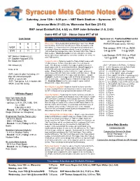 June 12Th Syracuse Mets Game Notes Vs. Worcester Red