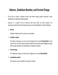 Valence, Oxidation Number, and Formal Charge