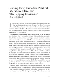 Reading Tariq Ramadan: Political Liberalism, Islam, and ‘‘Overlapping Consensus’’ Andrew F