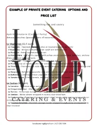 Example of Private Event Catering Options and Price