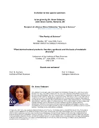 Invitation to Two Special Seminars to Be Given by Dr. Anne Osbourn, John