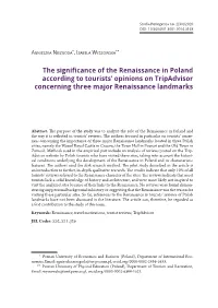 The Significance of the Renaissance in Poland According to Tourists’ Opinions on Tripadvisor Concerning Three Major Renaissance Landmarks