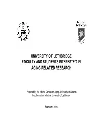 University of Lethbridge Faculty and Students Interested in Aging-Related Research