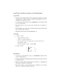 Logical Truth, Contradictions, Inconsistency, and Logical Equivalence