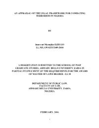 An Appraisal of the Legal Framework for Combating Terrorism in Nigeria