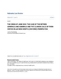 The Crisis of June 2020: the Case of the Retired Generals and Admirals and the Clarion Calls of Their Critics in Lex Non Scripta (Historic) Perspective