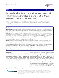Anti-Malarial Activity and Toxicity Assessment of Himatanthus