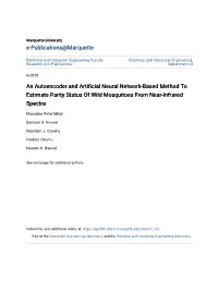 An Autoencoder and Artificial Neural Network-Based Method to Estimate Parity Status of Wild Mosquitoes from Near-Infrared Spectra