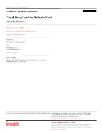 "Frank Davey" and the Method of Cool Smaro Kamboureli