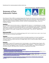 Summary of Pure Autonomic Failure
