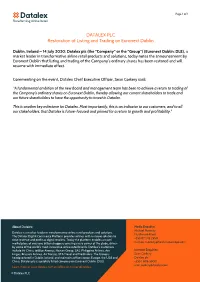 DATALEX PLC Restoration of Listing and Trading on Euronext Dublin