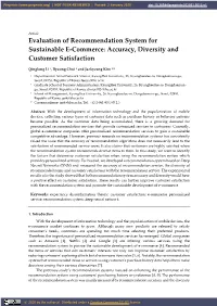 Evaluation of Recommendation System for Sustainable E-Commerce: Accuracy, Diversity and Customer Satisfaction